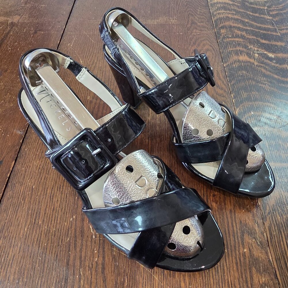Vintage Nickels Black Faux‎ Leather Strappy Block Heel Sandals size 6.5